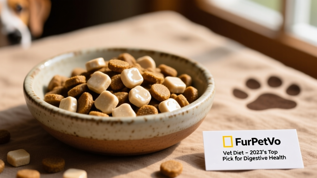 Close-up of FurPetVo Vet Diet kibble in a ceramic bowl, showing small, uniform pieces with subtle coating and natural color variation