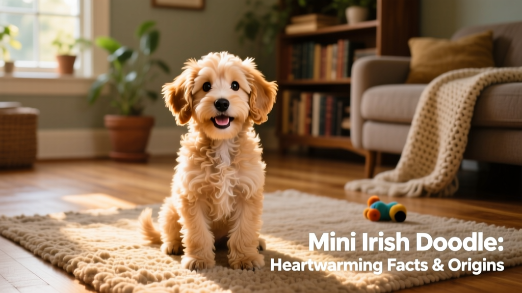 A smiling Mini Irish Doodle puppy sitting on a sunlit rug, showcasing its soft wavy coat and expressive eyes