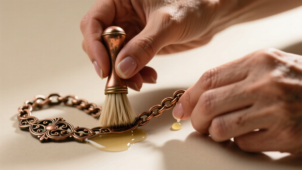 Close-up of hands gently cleaning a tarnished Victorian pinchbeck copper alloy chain with a soft horsehair brush and mild soap