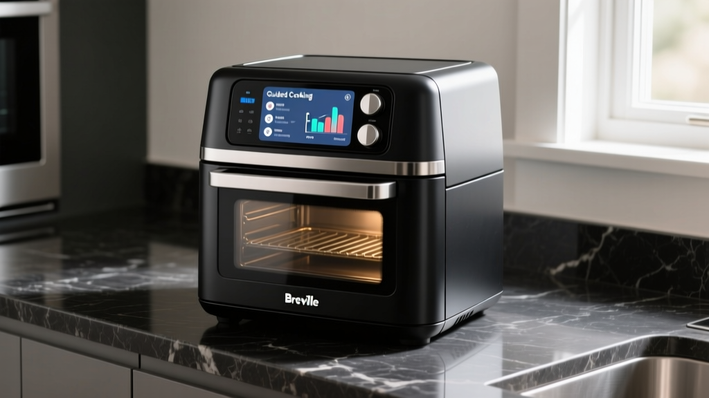 Breville Joule Oven Air Fryer Pro on dark granite displaying the Guided Cooking app interface on its integrated LCD screen