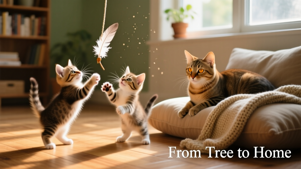 Two kittens playfully batting at a dangling feather toy while their mama watches from a nearby cushion, in a warm, welcoming indoor space