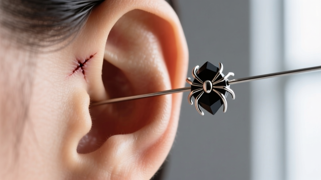 Macro shot of a 22-gauge niobium wire in a healed earlobe, supporting a lightweight matte-black acrylic spider bead, studio lit
