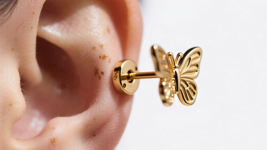 Close-up of a luxury fashion earring post and butterfly back, showing metal stamping and gold plating wear near the friction notch