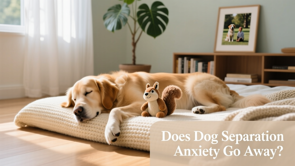A calm dog resting peacefully in a cozy, sunlit room with a soft bed and favorite toy nearby