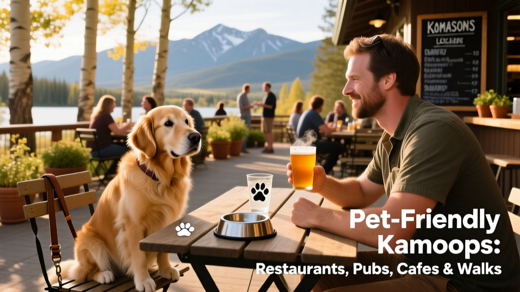 Dog sitting beside owner at outdoor table at a Kamloops brewery patio