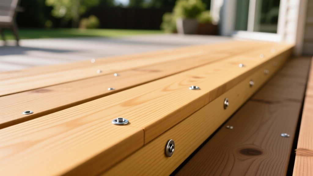 Newly installed pressure-treated southern yellow pine deck boards showing tight grain patterns and stainless steel hidden fasteners