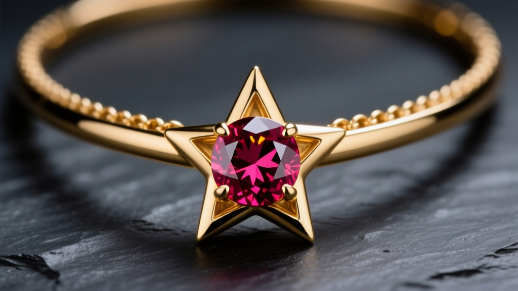 Macro shot of a 14k gold red star necklace with bezel-set rhodolite garnet on dark slate under soft, directional studio lighting.