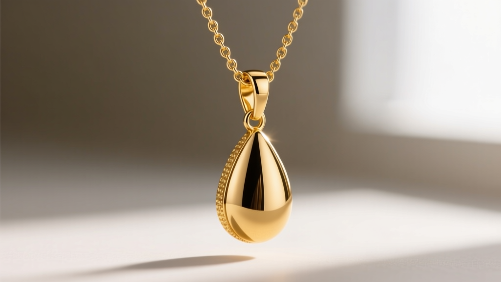 Macro shot of a 14k gold teardrop pendant hanging upside down on a box chain, highlighting a tight bail and chain friction.