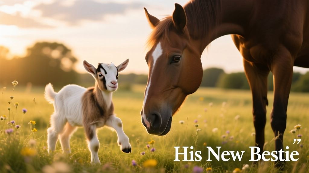 A curious baby goat standing beside a calm, gentle horse in a sunlit pasture