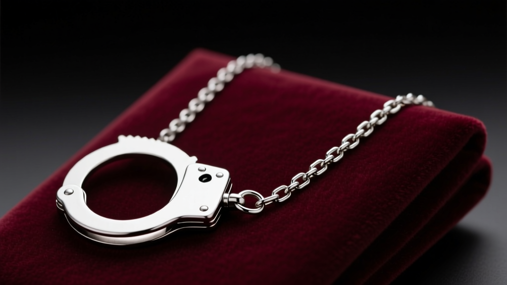 Polished 316L steel handcuffs necklace on velvet, showing the tiny functional hinge and chain links under soft studio lighting.