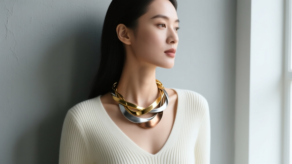 Woman wearing a mixed-metal artistry necklace over a deep V-neck ribbed knit sweater, illuminated by soft natural window lighting