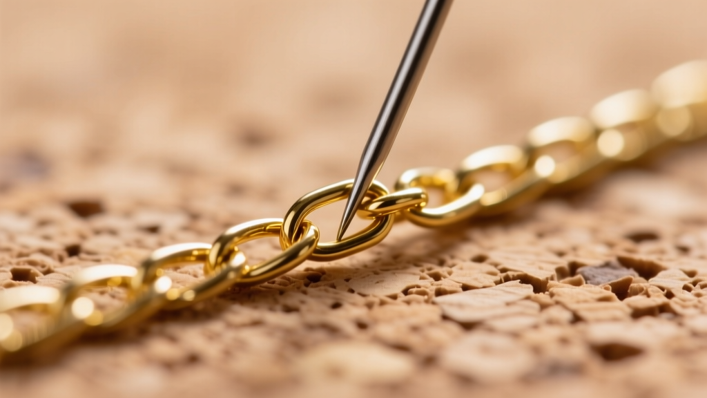 Macro close-up of a fine 0.8mm gold cable chain being gently separated using a straight sewing pin on a matte cork surface.