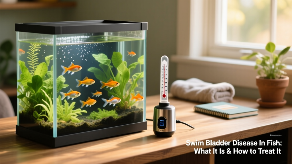 Aquarium thermometer and heater placed beside a well-maintained freshwater tank with healthy plants and fish