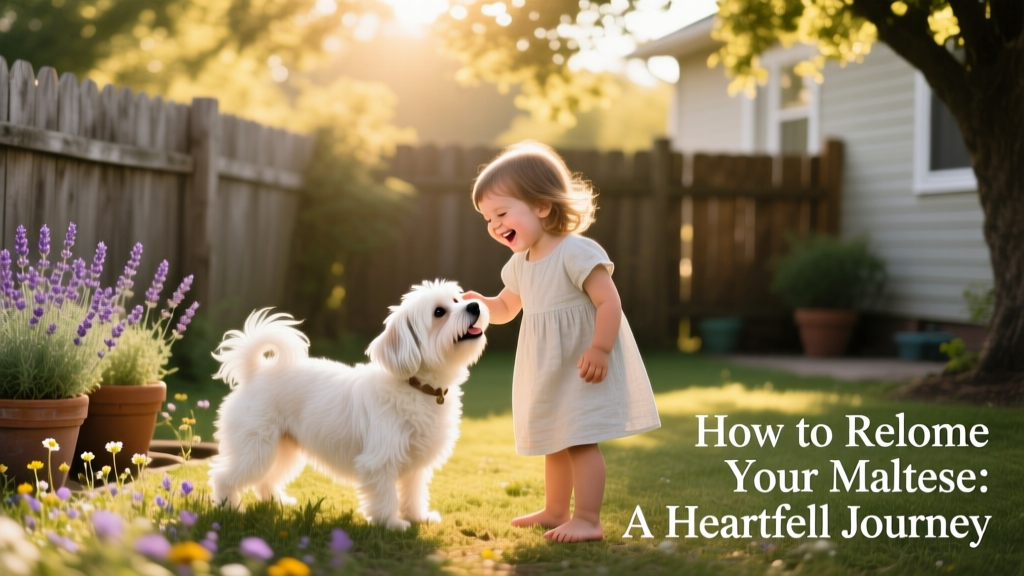 A happy Maltese playing gently with a child in a sunlit backyard, symbolizing a smooth, joyful transition to a new family