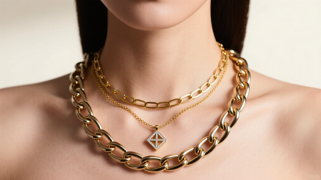 A model wearing a layered stack featuring a 16-inch pididdly links necklace paired with a 14k gold paperclip chain and a small pendant.