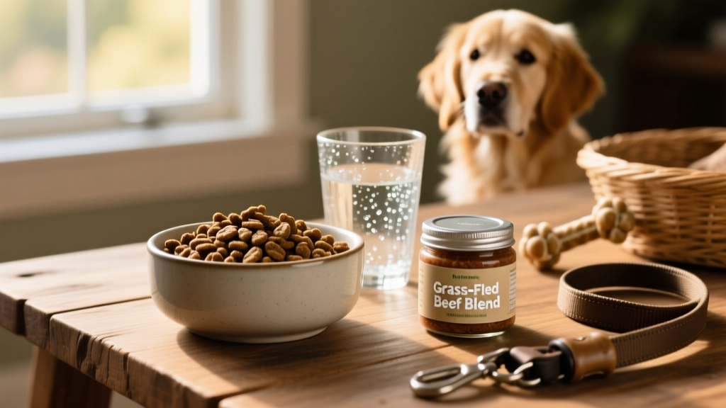 A bowl of high-quality kibble beside fresh water and a small food topper jar