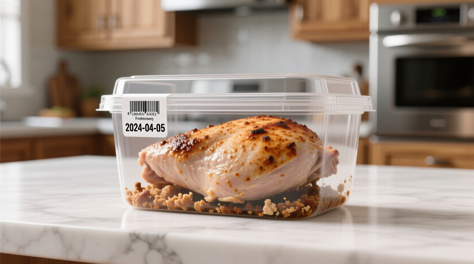 Cooked ground turkey in airtight container with freshness date