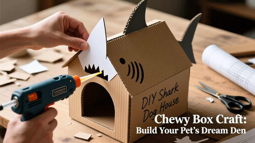Hand gluing a white cardboard dorsal fin to the top center of the shark-shaped box, with glue gun visible
