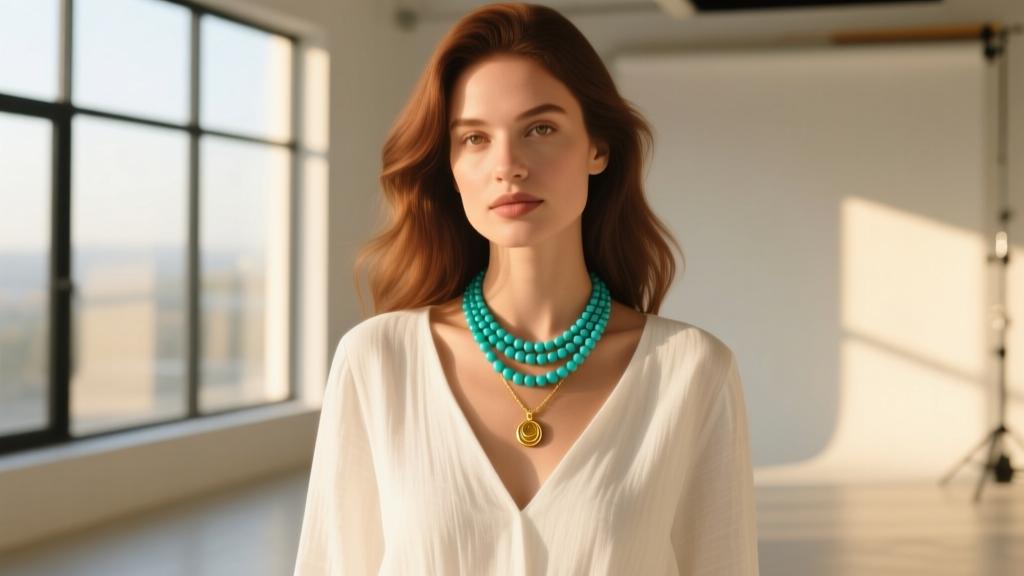 Woman wearing a vintage turquoise bead necklace layered with a gold pendant over a white linen top, bathed in warm, natural light.