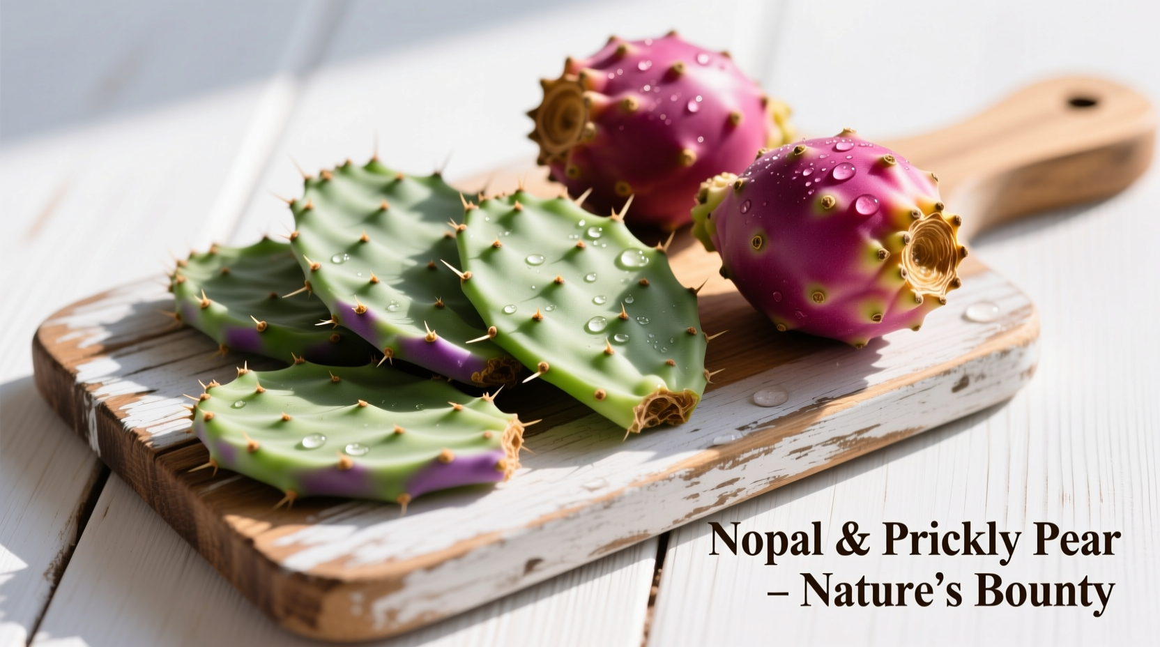 Fresh nopales pads and prickly pear fruit on wooden cutting board