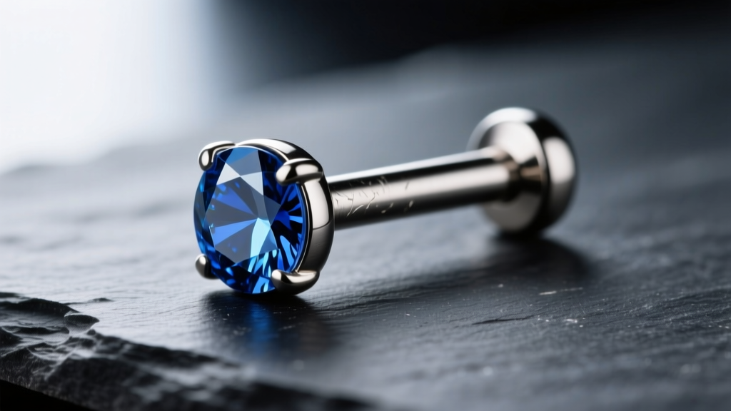 Close-up macro shot of a 14-gauge implant-grade titanium navel barbell with a bezel-set sapphire, resting on a dark slate surface.