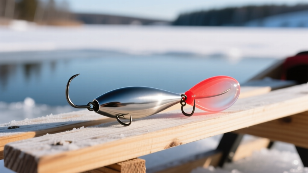 Close-up of a sustainable tungsten ice jig tipped with a biodegradable soft plastic bait resting on a wooden ice fishing sled