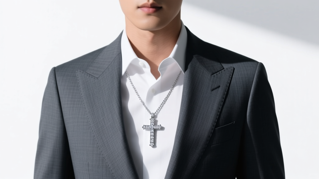 Stylish man in tailored charcoal suit wearing a subtle 18-inch sterling silver diamond cross necklace against a crisp white shirt