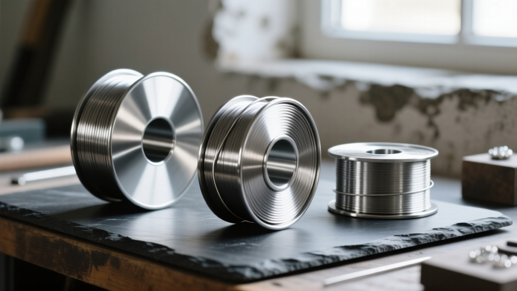 Polished ASTM F136 titanium wire spools in 18-gauge and 20-gauge thicknesses resting on a dark slate jeweler workbench surface.