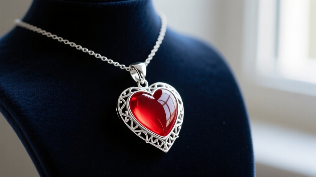 Close-up of a sterling silver heart container zelda necklace with vibrant red translucent enamel resting on a dark velvet jewelry bust.