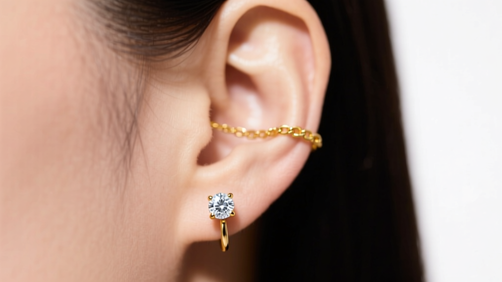 Close-up of an ear wearing an 18k yellow gold threader chain diamond earring with a bezel-set gem, soft studio lighting.
