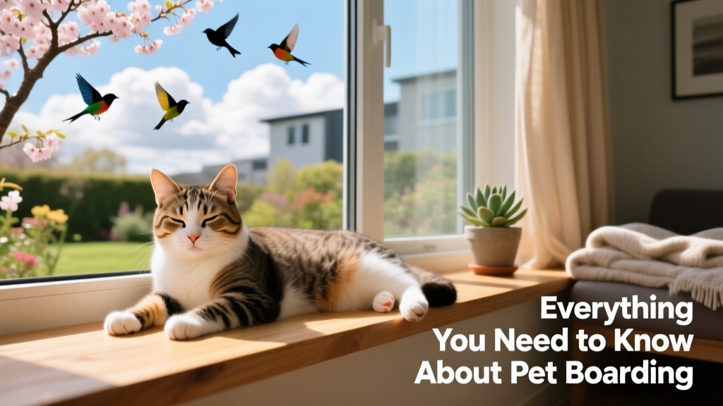 A relaxed cat lounging on a sunny window perch with birds visible outside