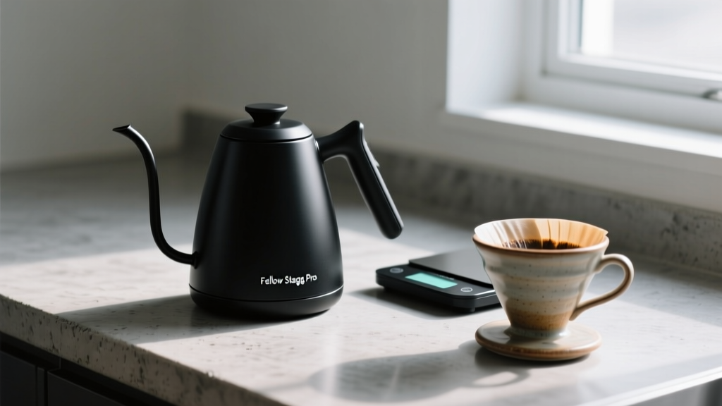 Matte black Fellow Stagg EKG Pro electric kettle on a concrete countertop next to a digital scale and ceramic V60 coffee dripper