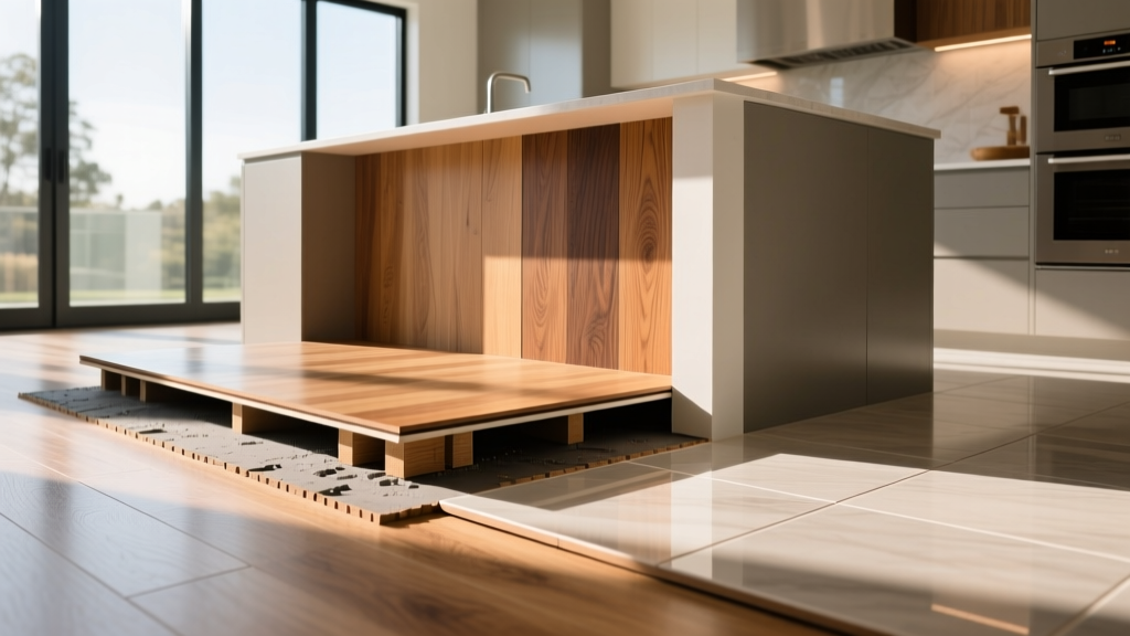 Cross-section display of luxury vinyl plank, engineered hardwood, and wood-look porcelain tile installed in a modern sunlit kitchen