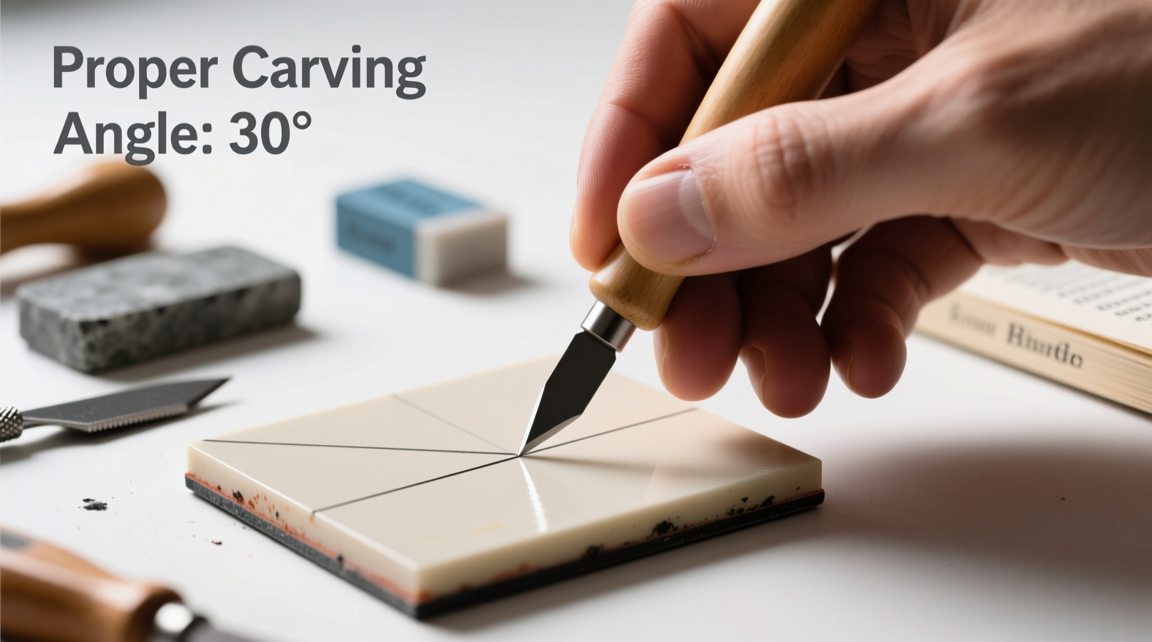 Hand demonstrating proper carving angle on rubber stamp