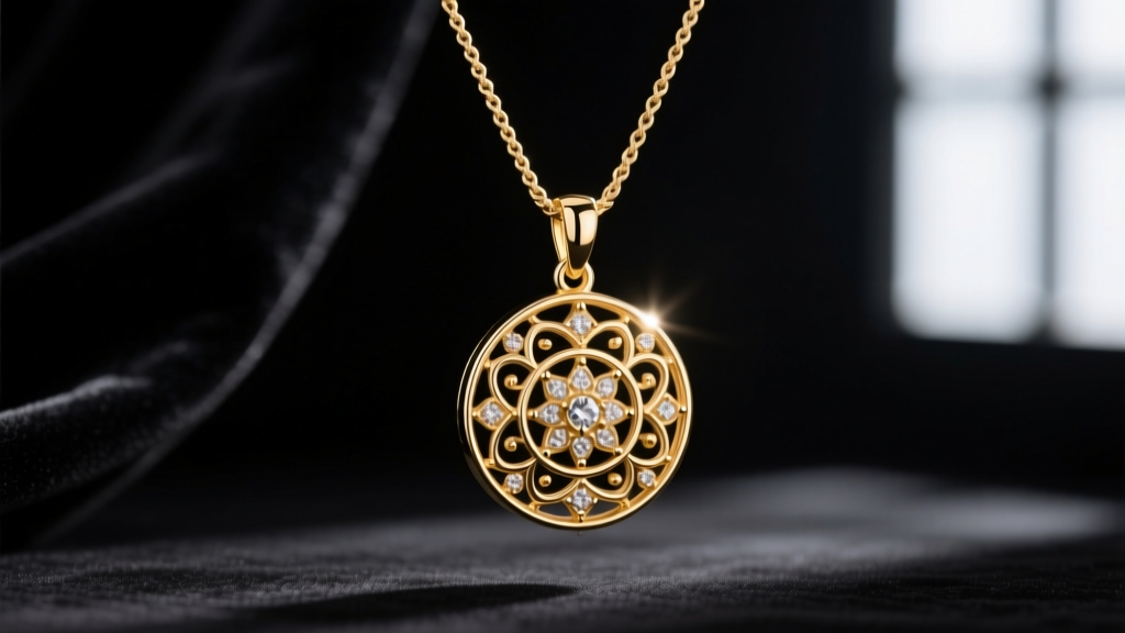 Close-up macro photo of a heavy 18k gold pendant hanging perfectly centered on a 2mm rope chain against a dark velvet backdrop.