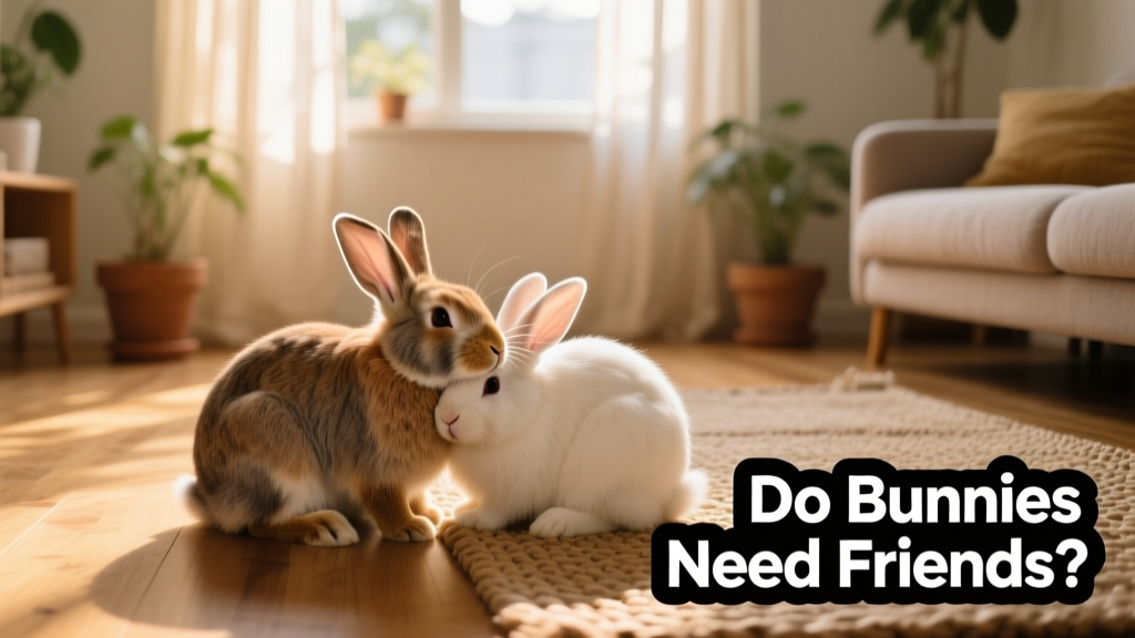 Two bonded rabbits grooming each other peacefully in a sunlit living space