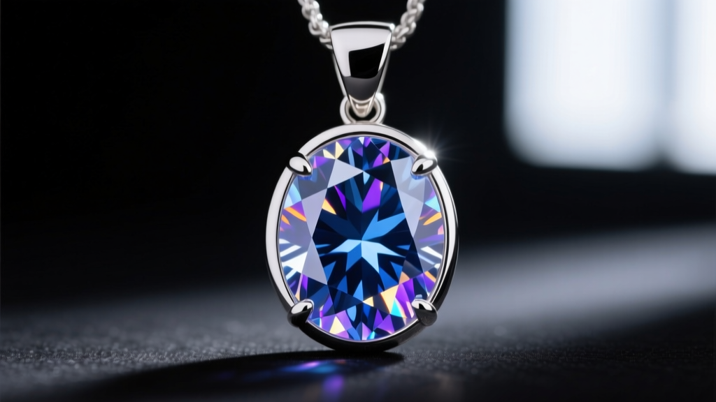 Macro shot of a 3-carat oval moissanite pendant in a bezel setting showing intense light refraction against dark velvet