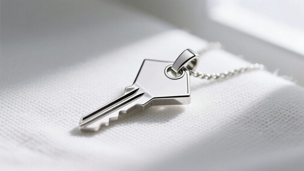Macro shot of a modern minimalist geometric key pendant crafted in polished platinum, resting on a crisp white linen fabric surface