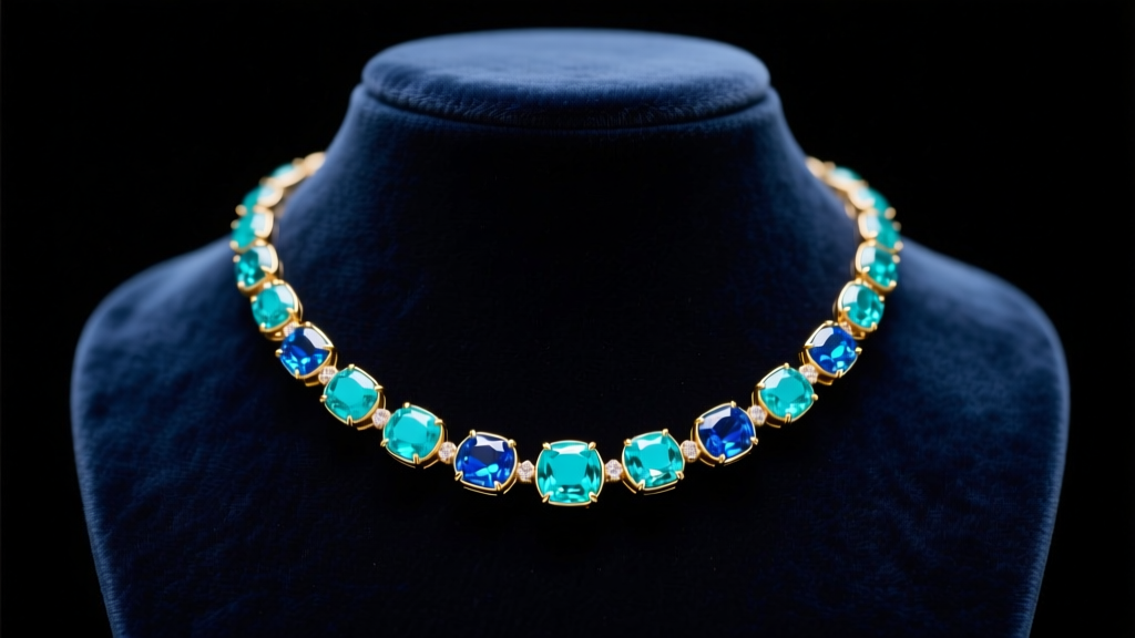 Turquoise tennis necklace with bright blue stones in 14k gold bezels draped over a dark velvet bust in soft studio lighting.
