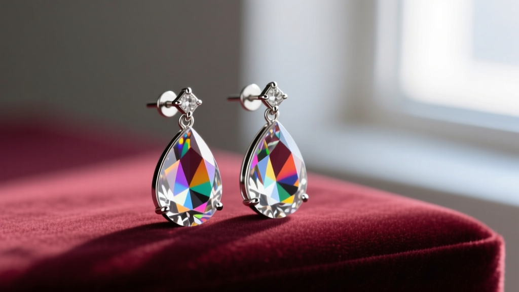 Macro shot of teardrop Austrian crystal earrings on velvet, showing rainbow light dispersion and silver prong settings.
