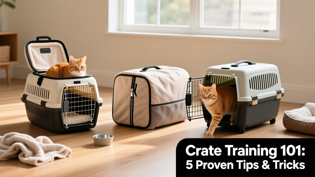 Side-by-side comparison of three cat-friendly crate styles: top-loading carrier, soft-sided covered crate, and hard-shell travel carrier