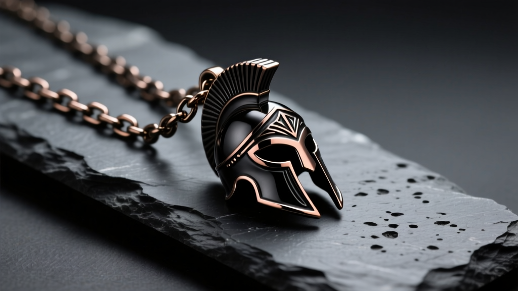 Matte-black titanium Byzantine chain with a carved Spartan helmet pendant resting on a dark slate stone surface in moody lighting.