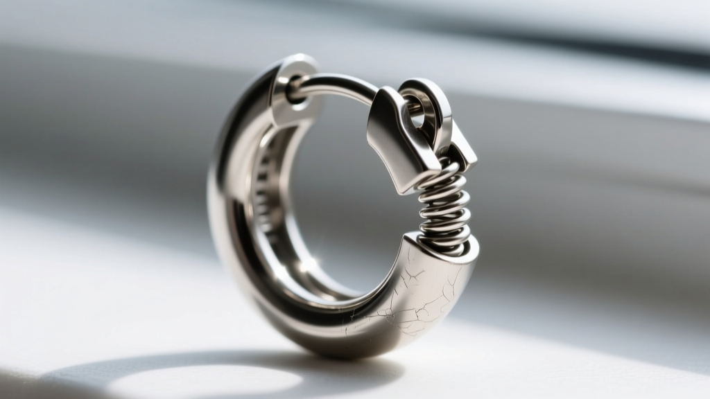 Macro photography of a 14-gauge titanium huggie hoop clasp mechanism, showing the secure clicker hinge and polished metal finish