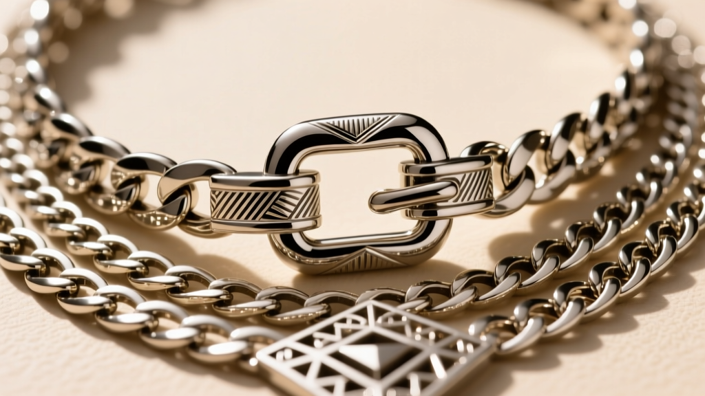 Detailed shot of a heavy stainless steel toggle clasp securing a thick ornate statement necklace against a soft beige background