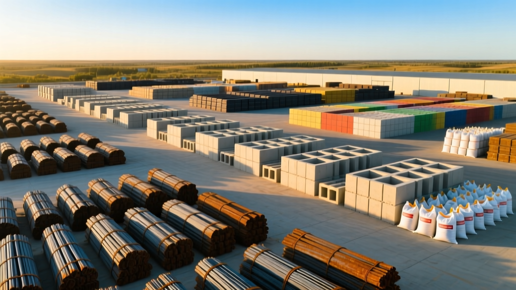 Aerial view of a massive lumber and concrete supply yard with stacked rebar, ICF blocks, and cement bags organized by regional shipping zones