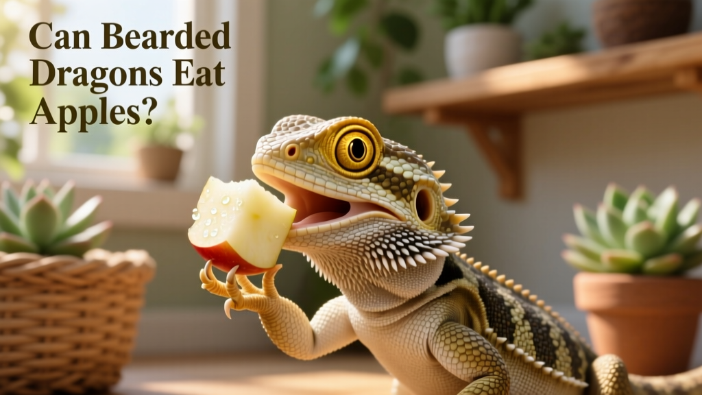 Bearded dragon gently holding a small, peeled, seedless apple cube in its mouth