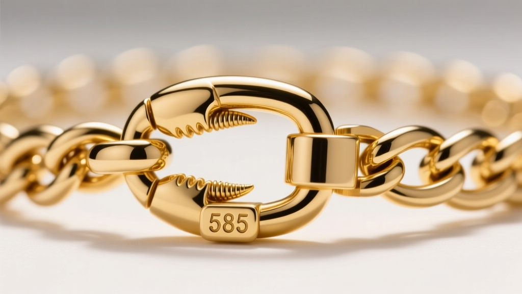 Macro photography of a 14k yellow gold rolo chain clasp, highlighting the secure lobster claw mechanism and stamped 585 hallmark tag