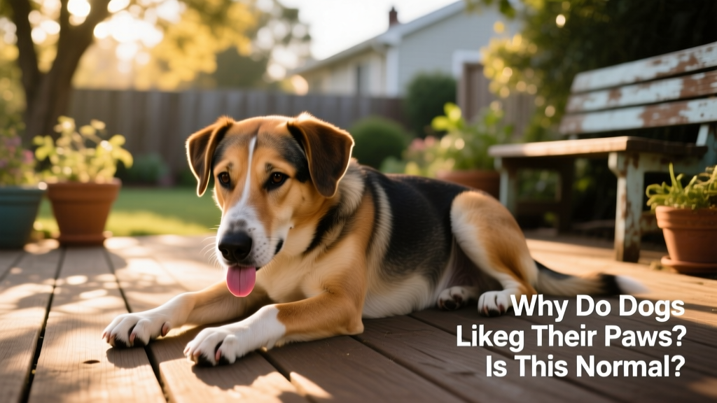 Dog resting calmly with tongue lightly touching front paw