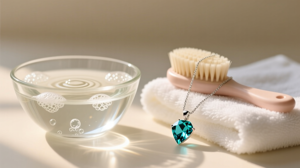 Glass bowl of lukewarm soapy water and a soft baby hairbrush resting on a microfiber towel beside an aquamarine diamond pendant.