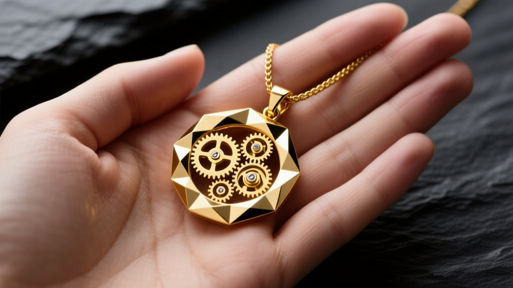 14k gold kinetic pendant resting in an open palm, revealing moving geometric parts and a polished finish against dark slate.